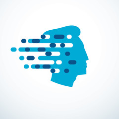 Brainstorm concept, vector design of human head profile with thoughts moving fast. Vector logo or icon template.