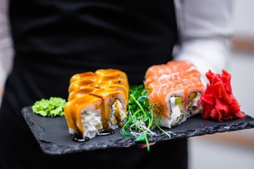 sushi dish food at a restaurant rice with seafood