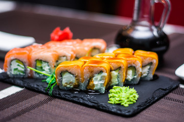 sushi dish food at a restaurant rice with seafood