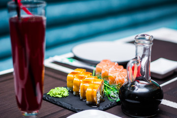 sushi dish food at a restaurant rice with seafood