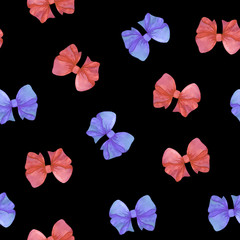Wedding watercolo patches illustration, seamless pattern with bow. isolated elements on black background. red and blue