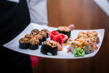 sushi dish food at a restaurant rice with seafood