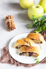 Traditional apple strudel with raisin and cinnamon on grey concrete background. Copy space.