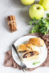 Traditional apple strudel with raisin and cinnamon on grey concrete background. Copy space.