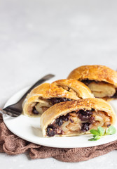 Traditional apple strudel with raisin and cinnamon on grey concrete background. Copy space.