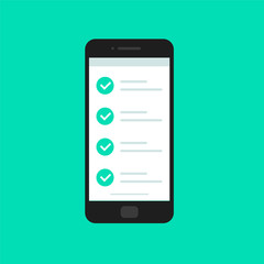 Online form survey, smartphone with showing long quiz exam paper sheet document icon, on-line questionnaire results, check list or internet test. Vector illustration. - obrazy, fototapety, plakaty