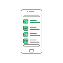 Online form survey, smartphone with showing long quiz exam paper sheet document icon, on-line questionnaire results, check list or internet test. Vector illustration.