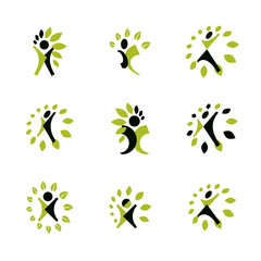 Collection of vector illustrations of happy abstract human with raised hands up. Phytotherapy metaphor, vector graphic emblem.