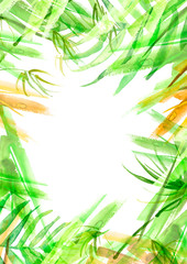 Fototapeta premium Watercolor Branches, green leaves, fern, palm,liana mint, bamboo. With a place for writing. abstract background, pattern, postcard, card, label. green spot, splash of paint, blot, divorce, color.
