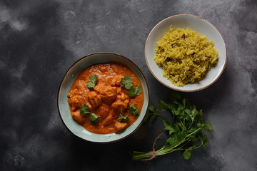 Chiken Tikka Masala - traditional Indian/British dish. Chicken with curry, turmeric. Indian dinner concept. Asian, Indian food