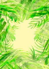 Fototapeta na wymiar Watercolor Branches, green leaves, fern, palm,liana mint, bamboo. With a place for writing. abstract background, pattern, postcard, card, label. green spot, splash of paint, blot, divorce, color.