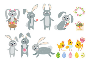 Set of easter bunnies, chicks and eggs isolated icons on white background.
