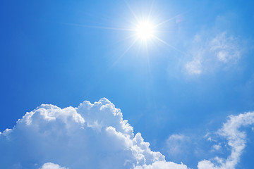 Natural clear beautiful blue sky with sun and white cumulus cloud