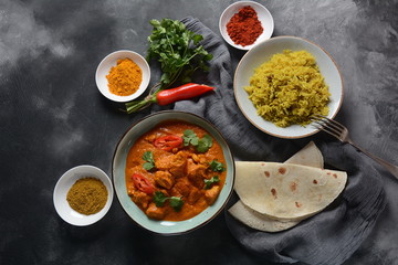 Chiken Tikka Masala - traditional Indian/British dish. Chicken with curry, turmeric. Indian dinner concept. Asian, Indian food