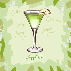 APPLETINI, low-alcohol, apple-lemon taste Contemporary classic cocktail illustration. Alcoholic bar drink hand drawn vector. Pop art isolated sketch style menu item. - 256204429