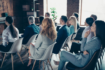 Profile side view of crowd nice trendy specialists experts sharks attending educative classes...