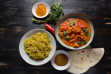 Chiken Tikka Masala - traditional Indian/British dish. Chicken with curry, turmeric. Indian dinner concept. Asian, Indian food
