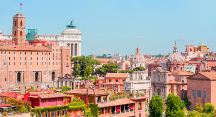 Panoramic view on ancient roman forum columns and ruins, Rome, Italy
