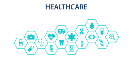 Healthcare concept. Abstract hexagons shape medicine and science background with icons for medical, health, strategy, care, medicine, health, cross, dna, poster, web banner. Vector illustration.