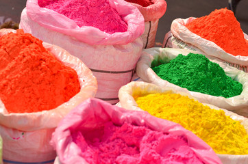 gunny bags of herbal organic colors gulal on display in old delhi for holi celebration