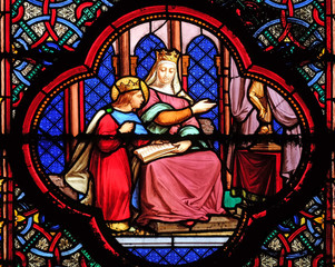 Education of Saint Louis by Blanche de Castille, stained glass window in the Basilica of Saint...