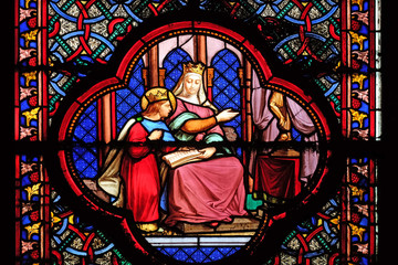 Education of Saint Louis by Blanche de Castille, stained glass window in the Basilica of Saint...
