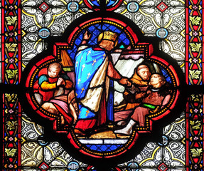 Saint Louis attending the plague victims, stained glass window in the Basilica of Saint Clotilde in...
