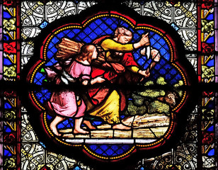 Isaac carrying the wood of the sacrife, prefiguration of the carrying of the Cross, stained glass...