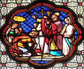 Baptism of Constantine after his victory over Maxentius, stained glass window in the Basilica of Saint Clotilde in Paris, France 