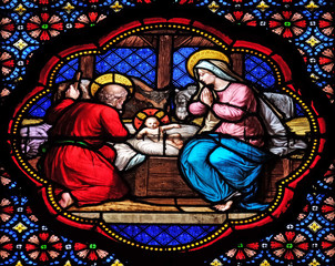 Nativity Scene, stained glass window in the Basilica of Saint Clotilde in Paris, France