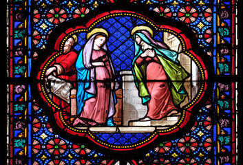 Visitation of the Virgin, stained glass window in the Basilica of Saint Clotilde in Paris, France 