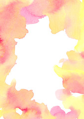 Watercolor hand drawn card with abstraction elements in peach summer color pink, yellow, orange on white background, frame good for invitation, wedding, poster, flyers