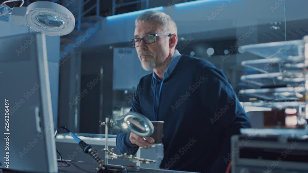 Aufkleber electronics maintenance engineer enters his workshop with coffee beginss soldering of circuit board,