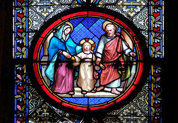 Holy Family, stained glass window in the Basilica of Saint Clotilde in Paris, France © zatletic