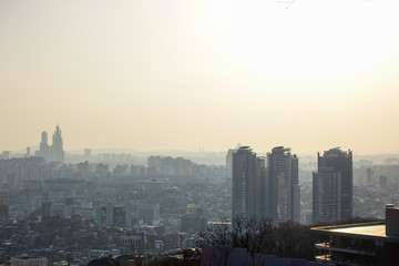 Seoul, South Korea - 17 March 2019: a dusty view of Seoul from Namsan, Seoul, Korea
