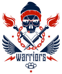 Anarchy and Chaos aggressive emblem or logo with wicked skull, weapons and different design elements , vector vintage scull tattoo, rebel gangster criminal and revolutionary.