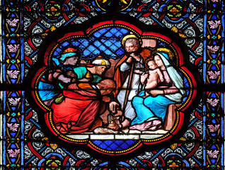 Nativity Scene, Adoration of the Magi, stained glass window in the Basilica of Saint Clotilde in...