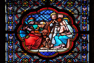 Nativity Scene, Adoration of the Magi, stained glass window in the Basilica of Saint Clotilde in Paris, France