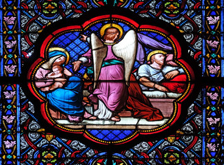 Saint Joseph's second dream, departing to Egypt, stained glass window in the Basilica of Saint...