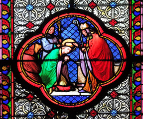 Saint Remi with Bishop, stained glass window in the Basilica of Saint Clotilde in Paris, France