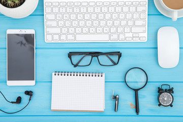 Office desk wood table of Business workplace and business objects,concept business planning and direction background