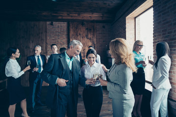 Close up photo business cheer people crowd different age race leisure excited team building members gathering she her he him his golden wine beverage say toasts congrats formal wear jackets shirts