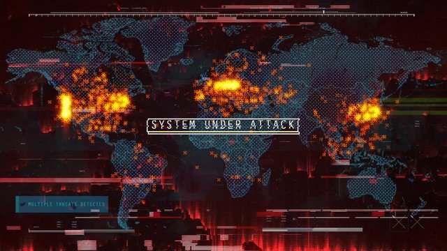Global map showing centers of hacking attack, computer virus infection, breach. Generic hacking attack all around the globe