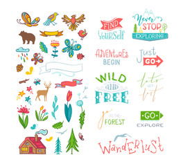 Fototapeta na wymiar Vector lettering and doodle clipart on nature / travel / wanderlust theme.