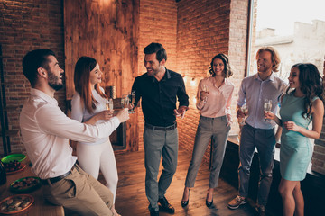 Company of nice lovely trendy attractive pretty classy elegant cheerful guys ladies having fun...