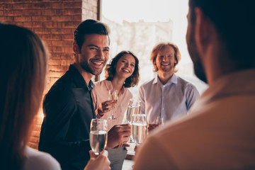 Company of nice lovely attractive pretty elegant cheerful cheery positive glad guys ladies having...