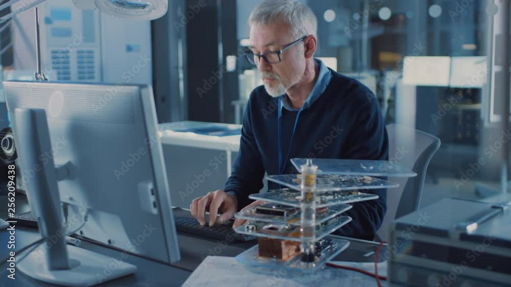 Poster professional electronics design engineer wearing glasses works on computer in research facility. in 