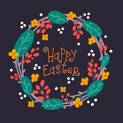 Easter holiday poster design template. Vivid colorful flat style vector illustration with flower blossoms, plants, leaves. Floral wreath composition with Happy Easter lettering isolated on background.