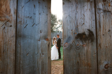 Beautiful shot of groom and bride in gorgeous wedding dress standing in the green yard in mountains. View from the door. Wedding concept