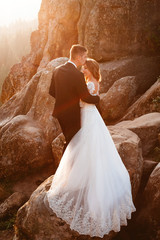 Beautiful shot of romantic wedding couple of groom kissing bride in gorgeous wedding dress near the...